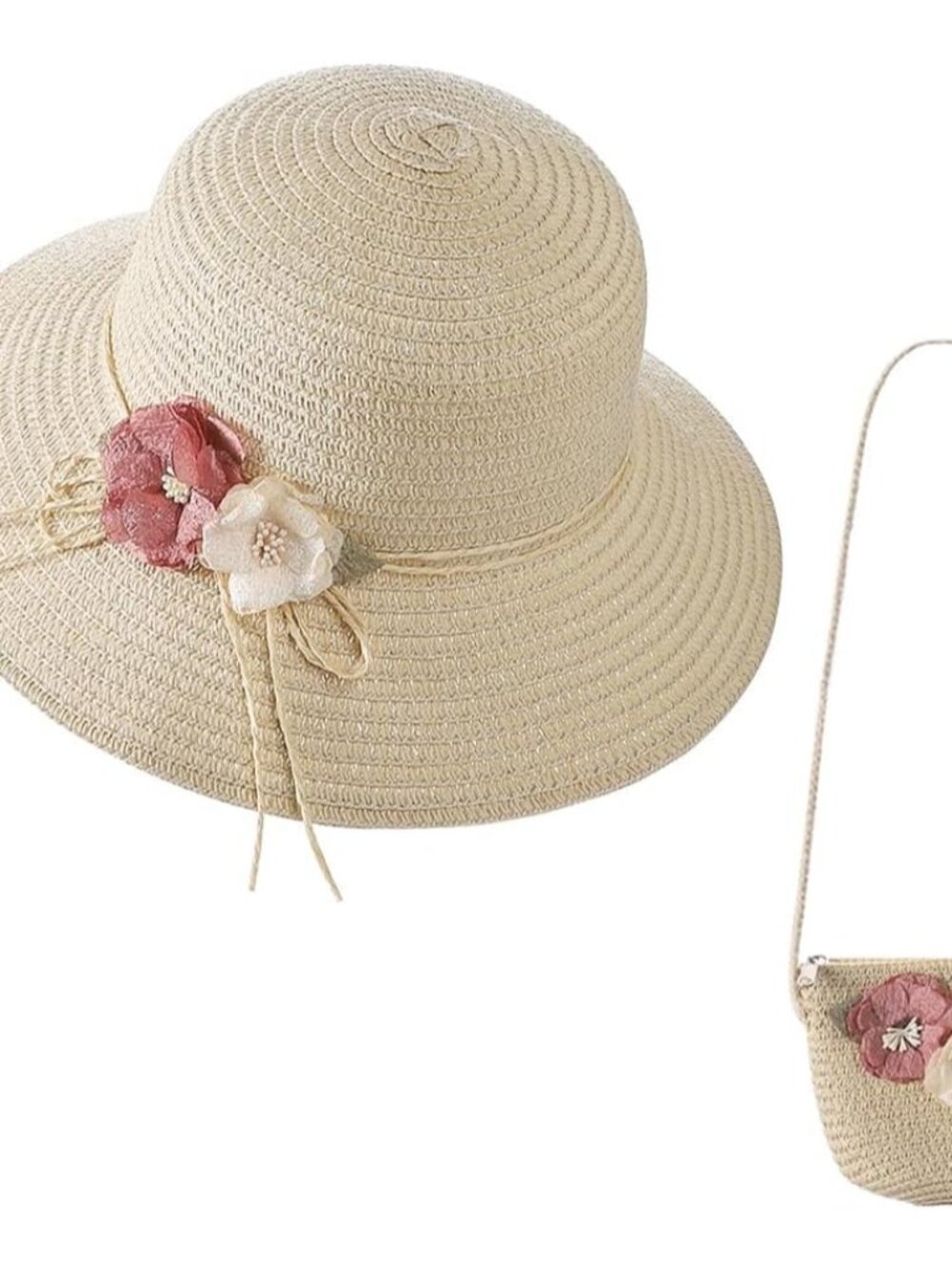 Girl Floral Straw Hat with Bag Set Kid Cute Beach Summer Sun Hat Princess Travel
